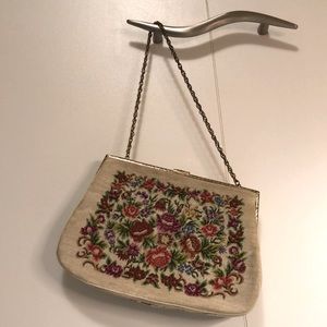 Vintage 50’s Petit Point Floral Needlepoint Purse with Jeweled Clasp & Chain